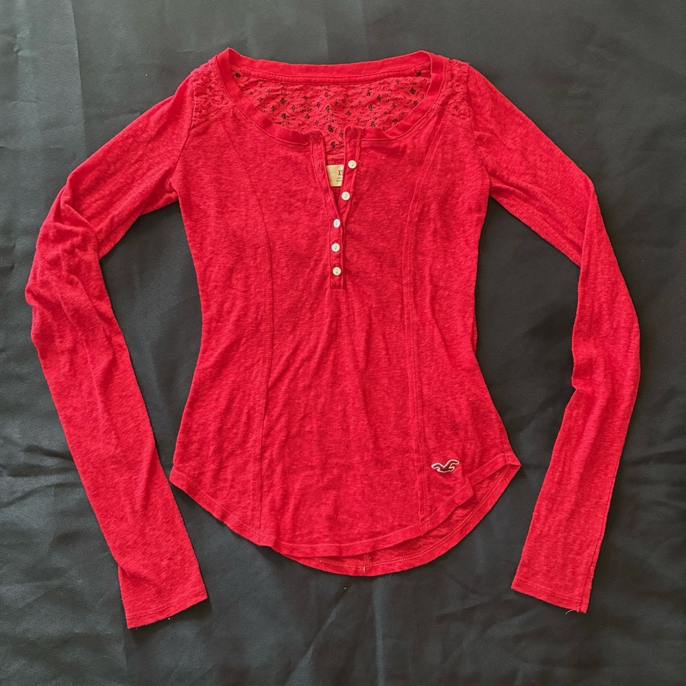 Hollister Women’s Red Lace Accent Long Sleeve Sz XS Y2K